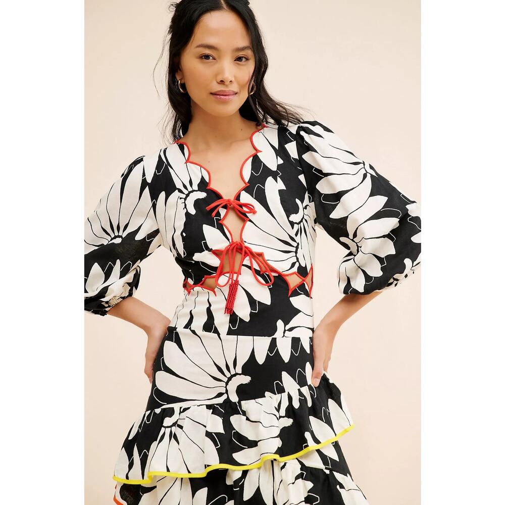 FARM Rio Cutout Tiered Linen Maxi Dress Tropical Boho Sz L - Picture 3 of 10